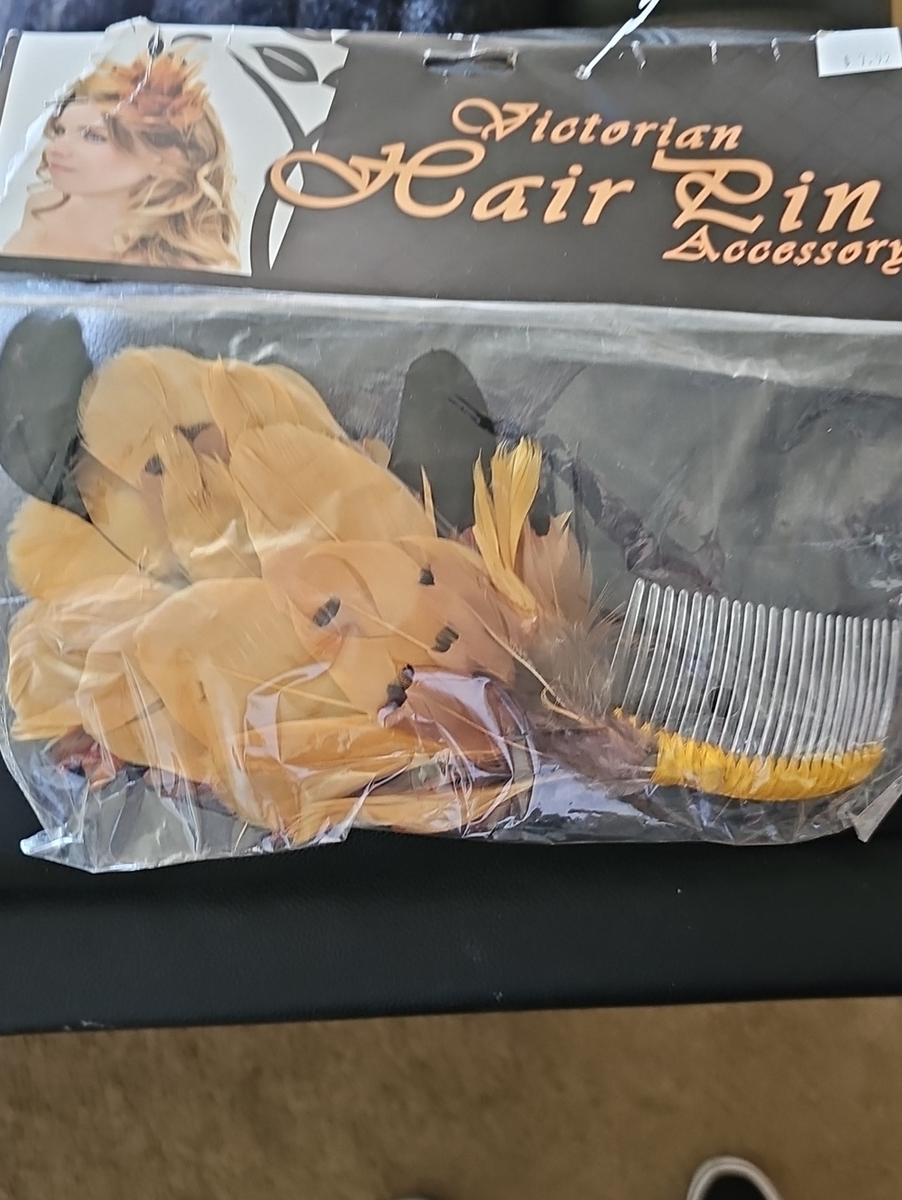 Victorian Feather Hair Pin Accessory in Mustard Yellow